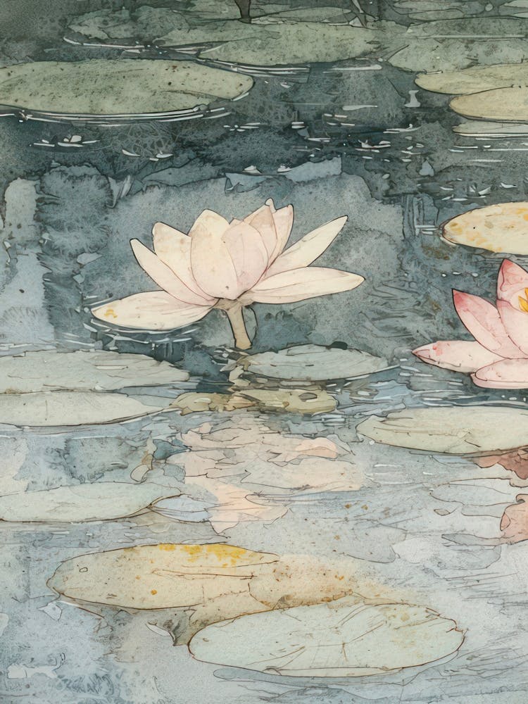 Water Lilies Print Vintage Flowers Pond Watercolour 1