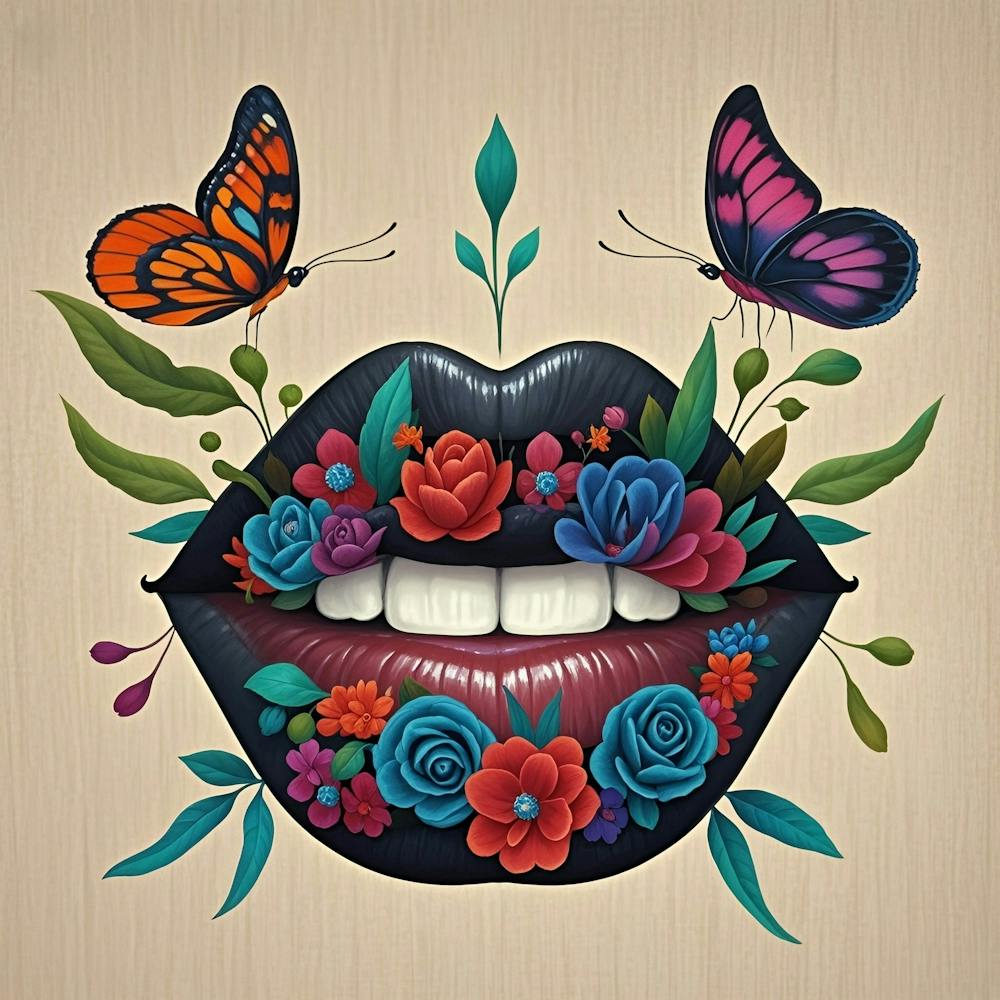 Lips With Flowers And Butterflies