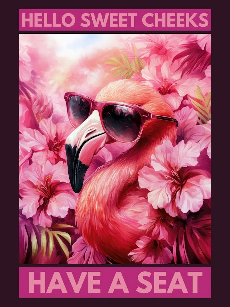 hello sweet cheeks have a seat Funny flamingo bathroom artwork in a playful kitsch aesthetic and pink colors, colorful illustration in the style of 50s retro pop perfect for powder rooms, quirky spaces