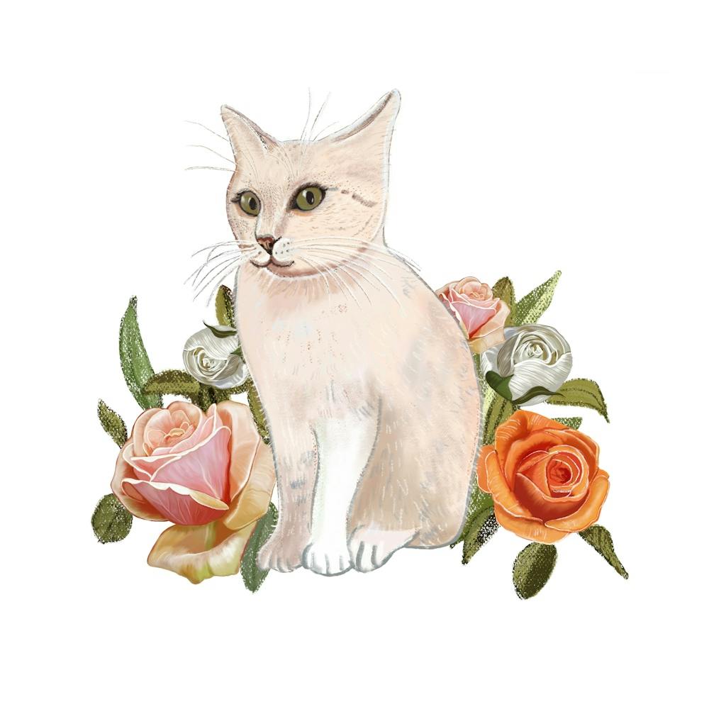 White Cat With Heirloom Flowers Square