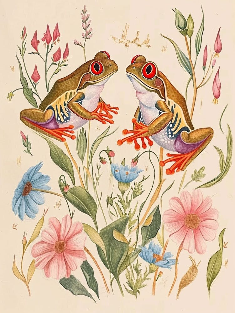 Folksy Floral Animal Drawing Frog 4