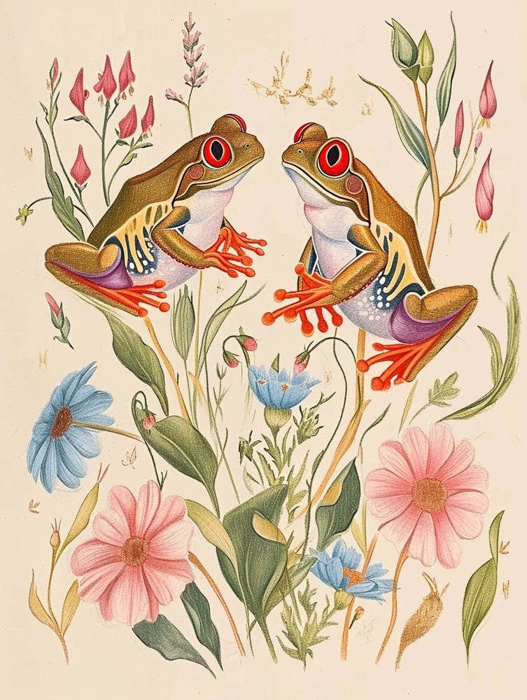 Folksy Floral Animal Drawing Frog 4