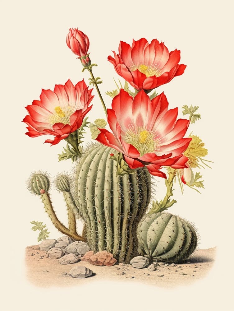 Vintage Cactus Illustration Echinocereus Cactus