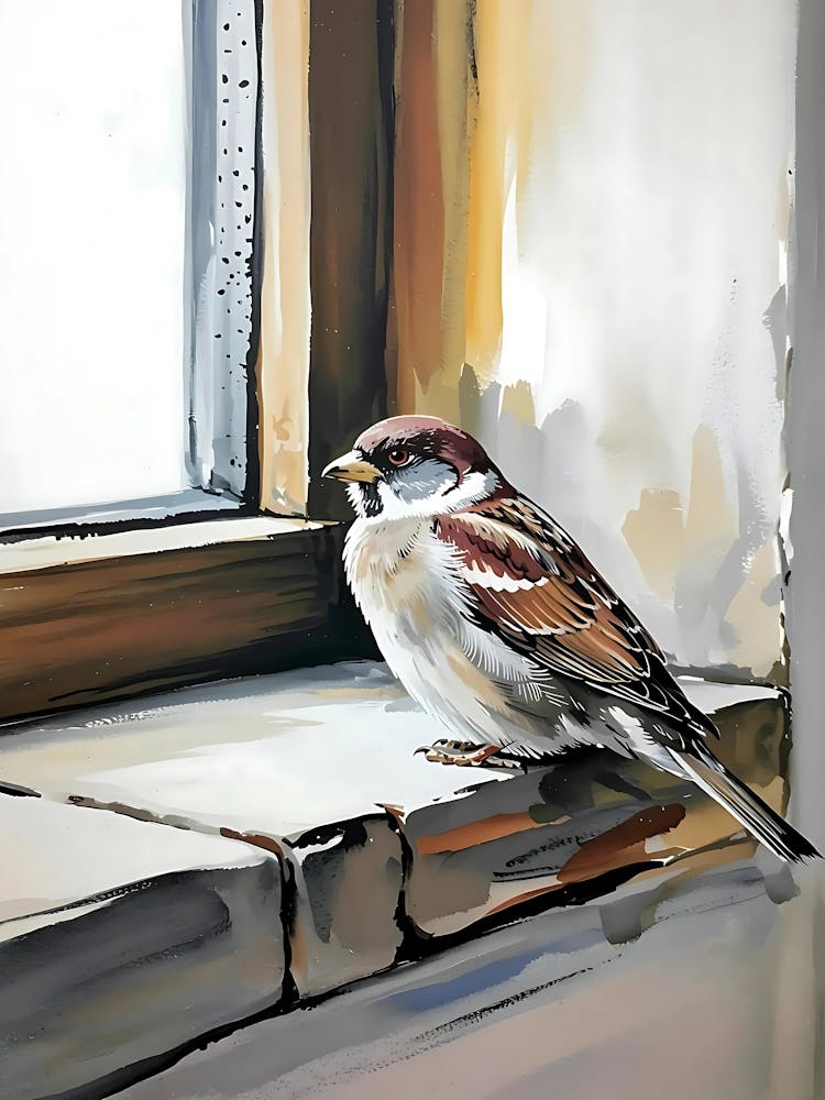 Sparrow On Window Sill