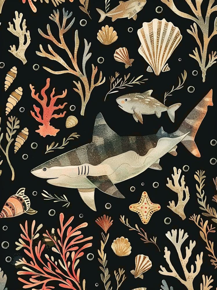 Smallscale Cookiecutter Shark Seascape Black Background Illustration 2
