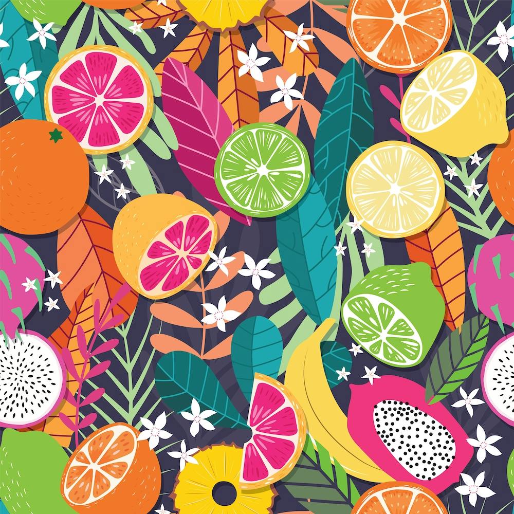 Tropical Fruits Pattern On Deep Purple With Floral Decoration Square