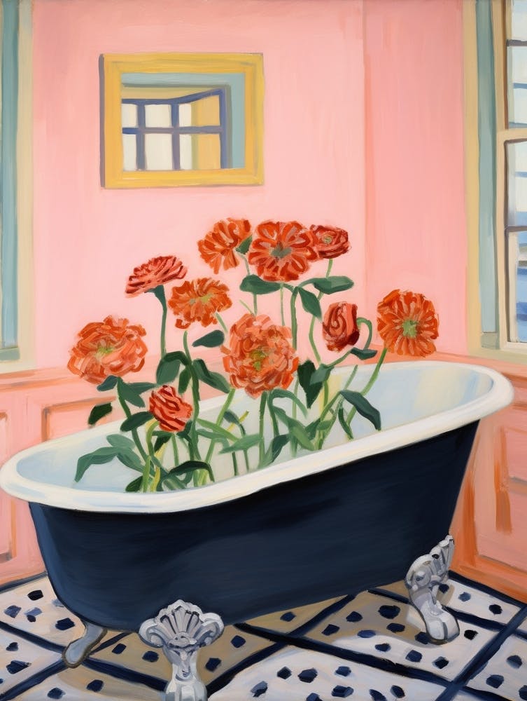 A Bathtube Full Of Zinnia In A Bathroom 1