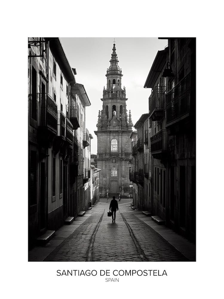 Poster Of Santiago De Compostela, Spain, Black And White Analogue Photography 1