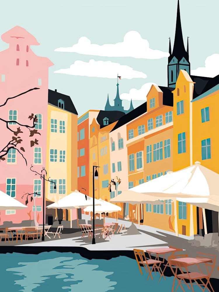 Helsingborg, Suède, Illustration aux Tons Pastels Plats 1