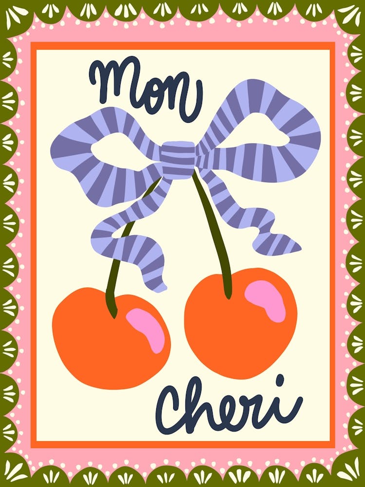 Mon Cheri Cherries and Coquette Bow Vintage Inspired Illustration
