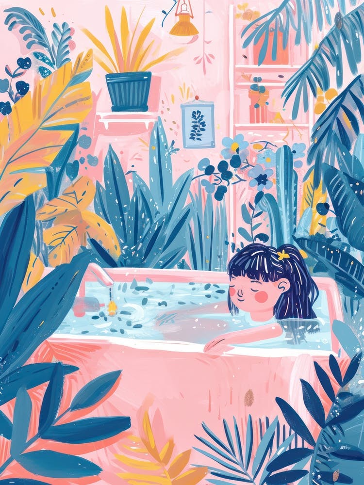 Girl Having A Bath With Plants Lo Fi Kawaii Illustration 2