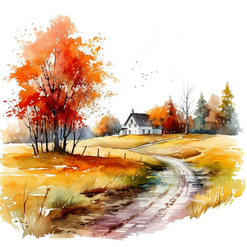 Watercolor Autumn Road In The Countryside