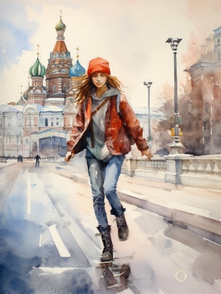 Girl Skateboarding In Moscow, Russia Watercolour 2