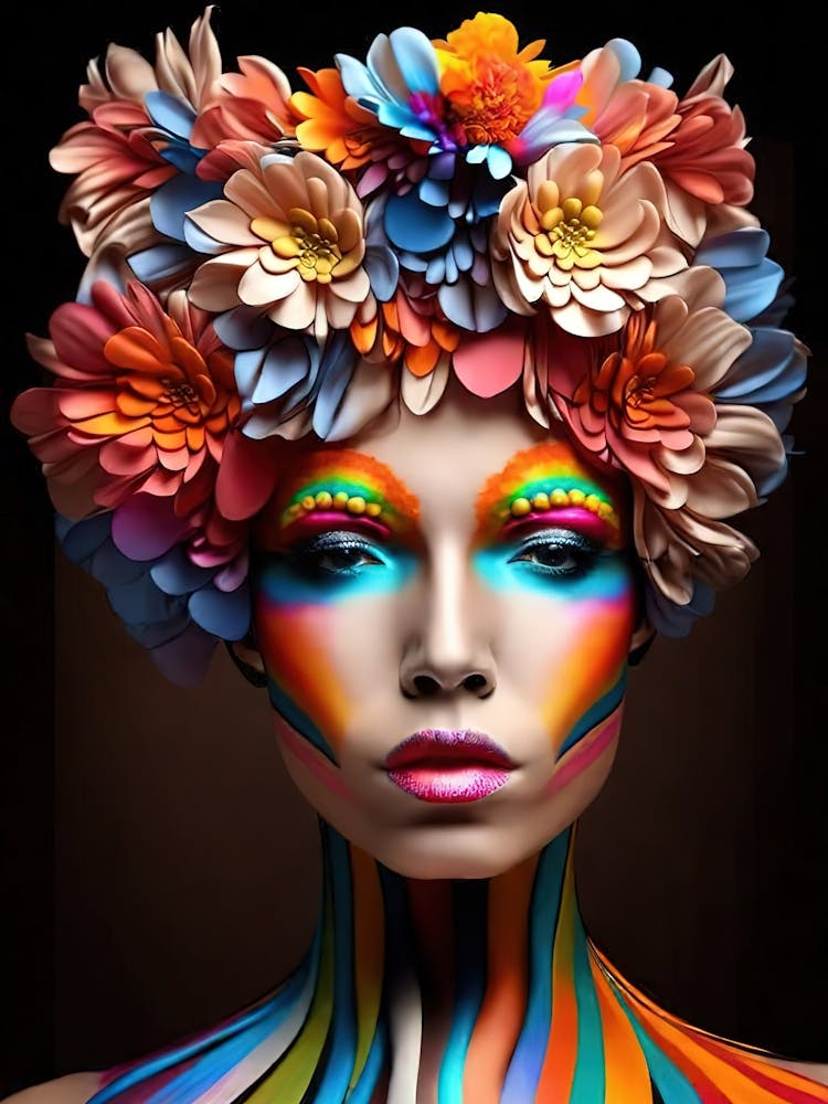 Woman With Bright Make Up And Flowers Crown