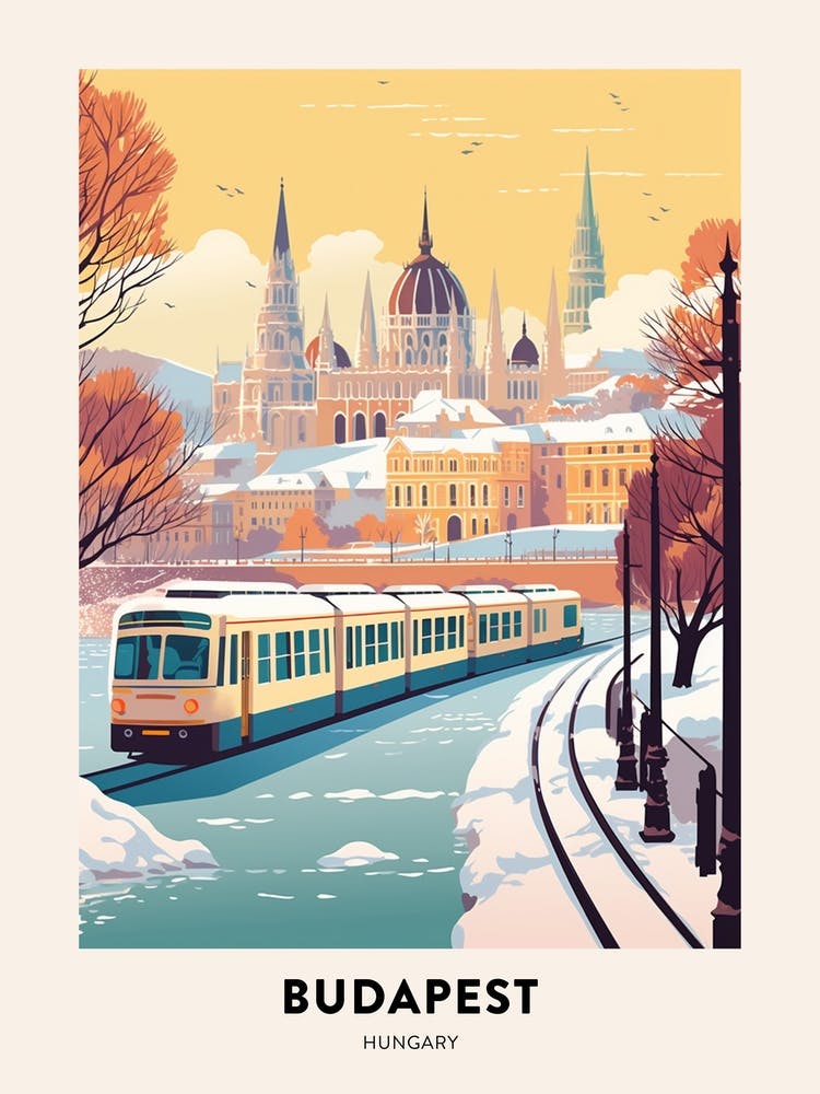 Vintage Winter Travel Poster Budapest Hungary 2