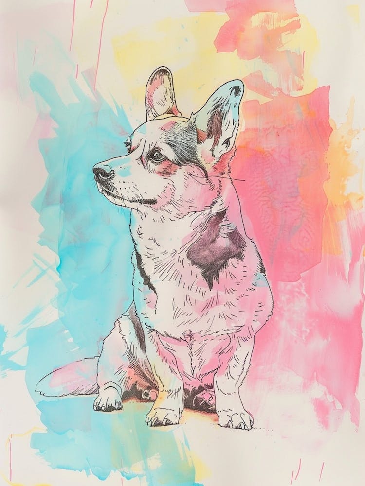 Corgi Dog Pastel Line Watercolour Illustration  3