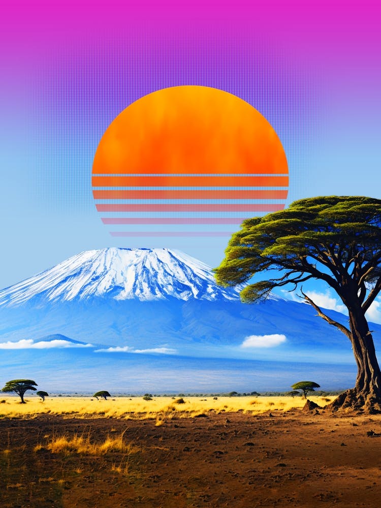 Synthwave sunset & mountain. Africa, Kilimanjaro — synthwave collage, space poster