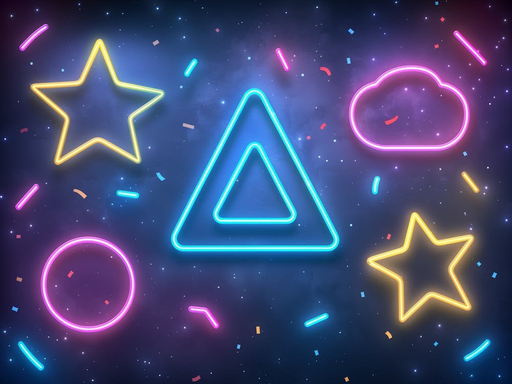 Random Geometry, Retro Wave, Black Background, Vibrant Color, Neon