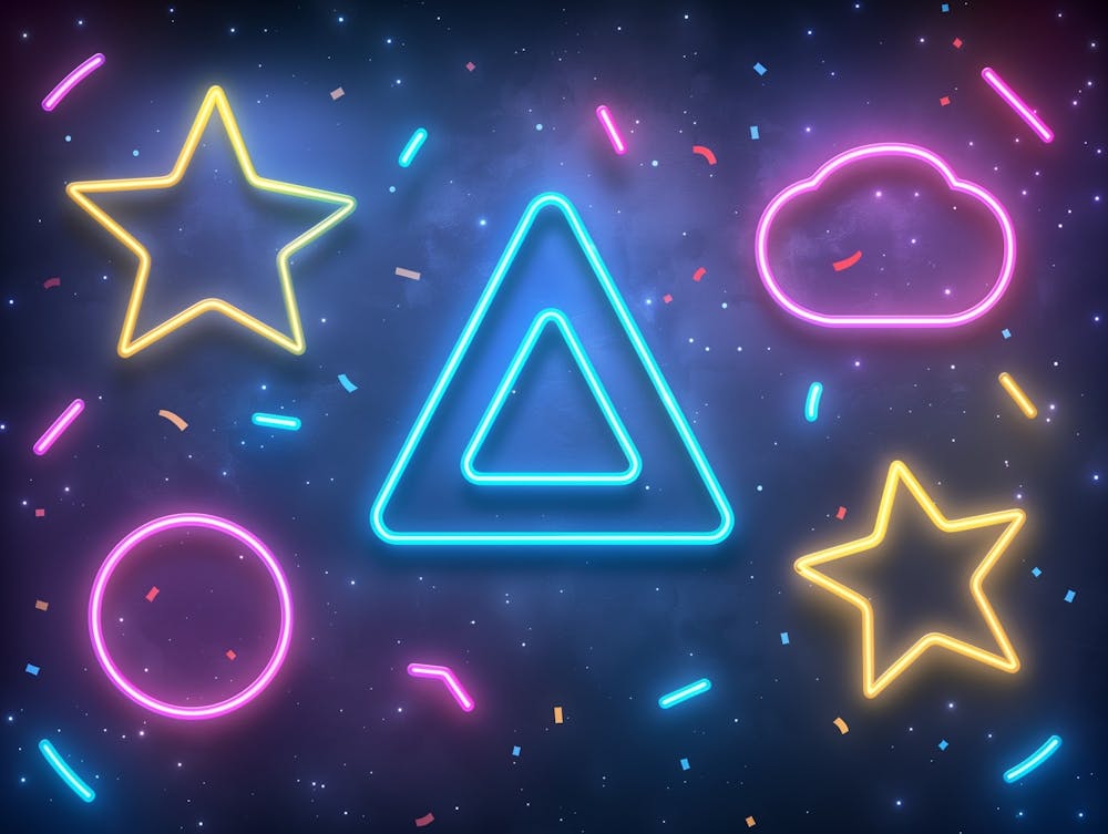 Random Geometry, Retro Wave, Black Background, Vibrant Color, Neon