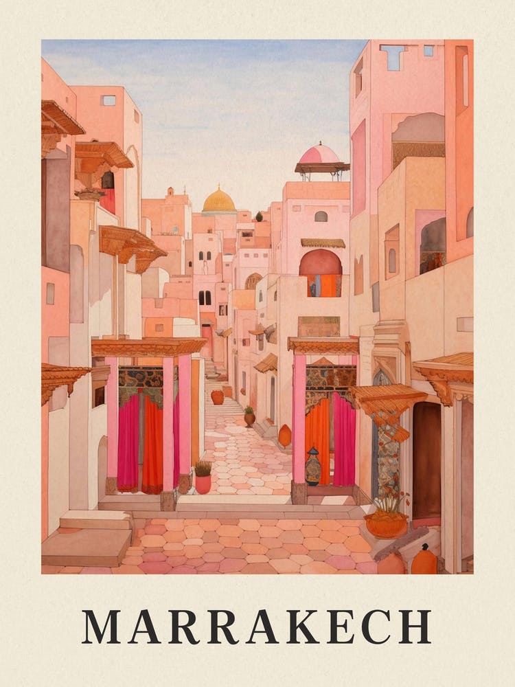 Marrakech Morocco 8 Vintage Pink Travel Illustration Poster
