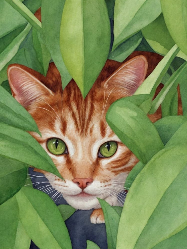Cat Peeking Out Of Leaves