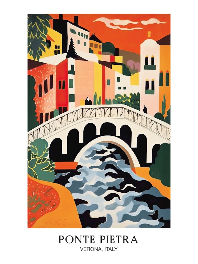 Ponte Pietra, Verona, Italy Colourful 1 Travel Poster