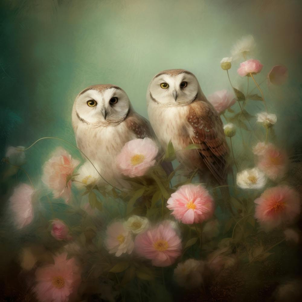 Two Owls In Flowers