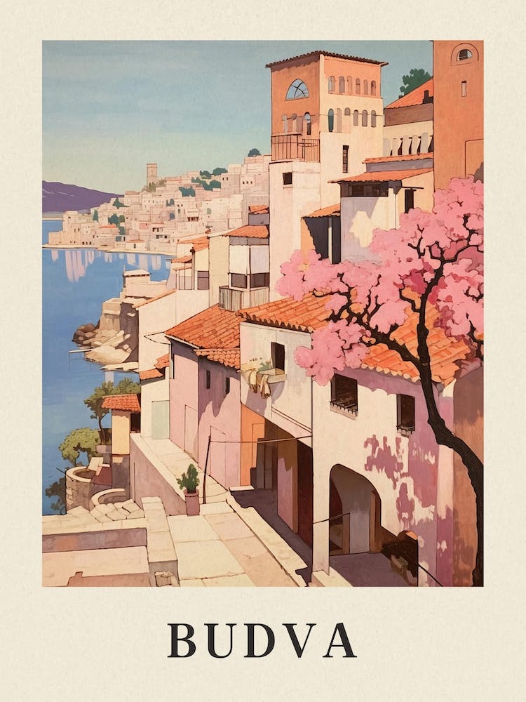 Budva Montenegro 4 Vintage Rosa Reiseillustration Poster