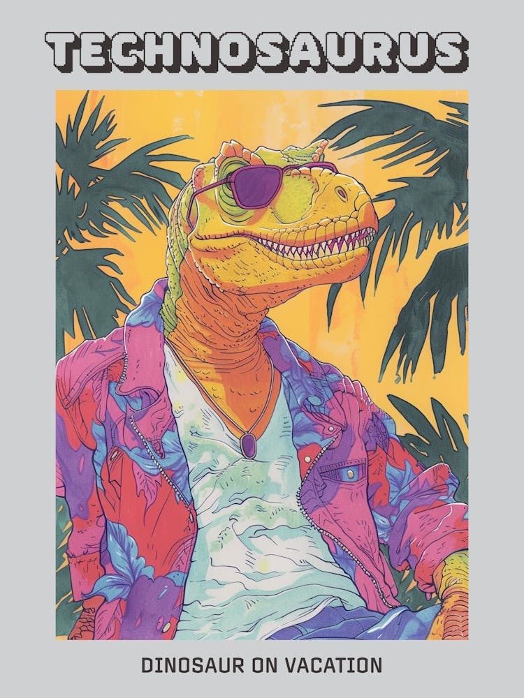 Dinosaur On Vacation Fine Line Illustration Poster