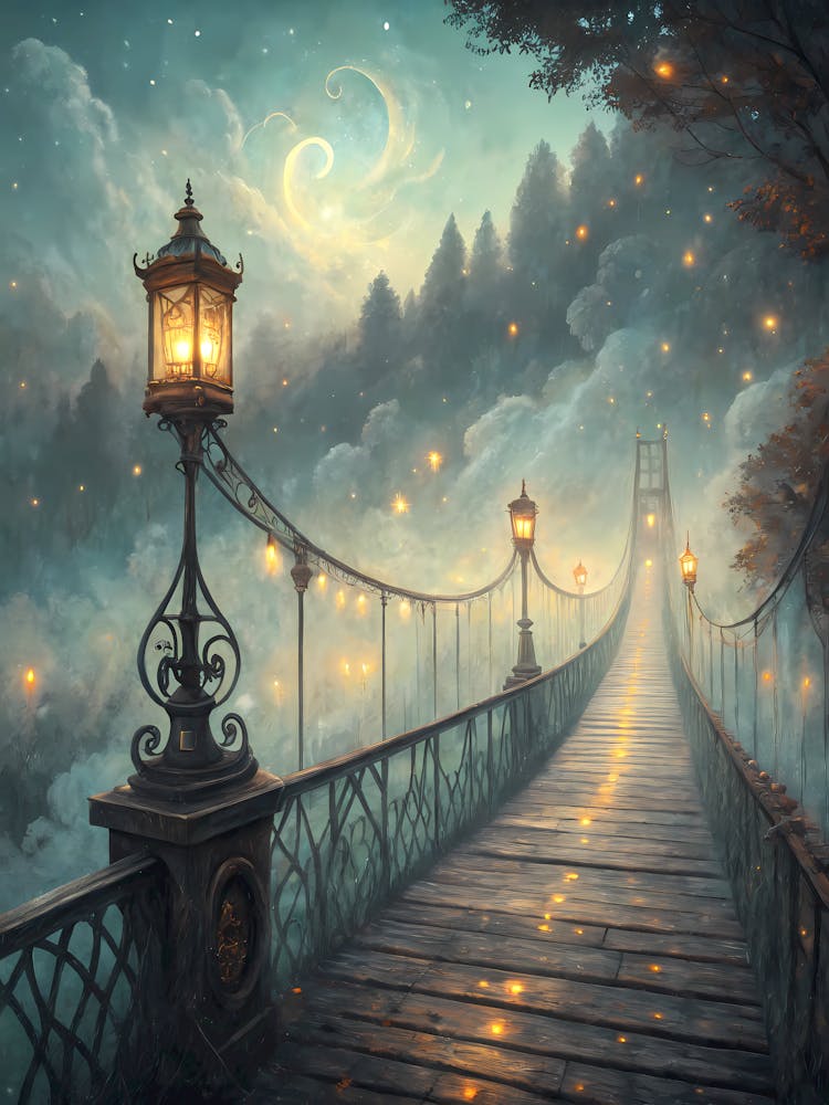 Oil Painting Style Enchanted Lantern Bridge Mystical Night Sky with Glowing Lights