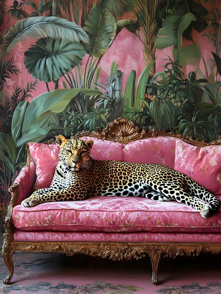 Leopard On A Pink Couch, Cheetah in Pink Sofa, Pink Trendy Art