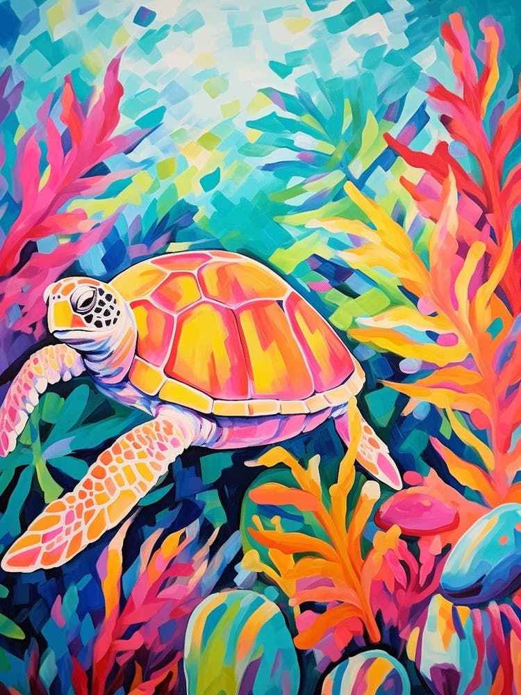 Colourful Sea Turtle With Tropical Plants