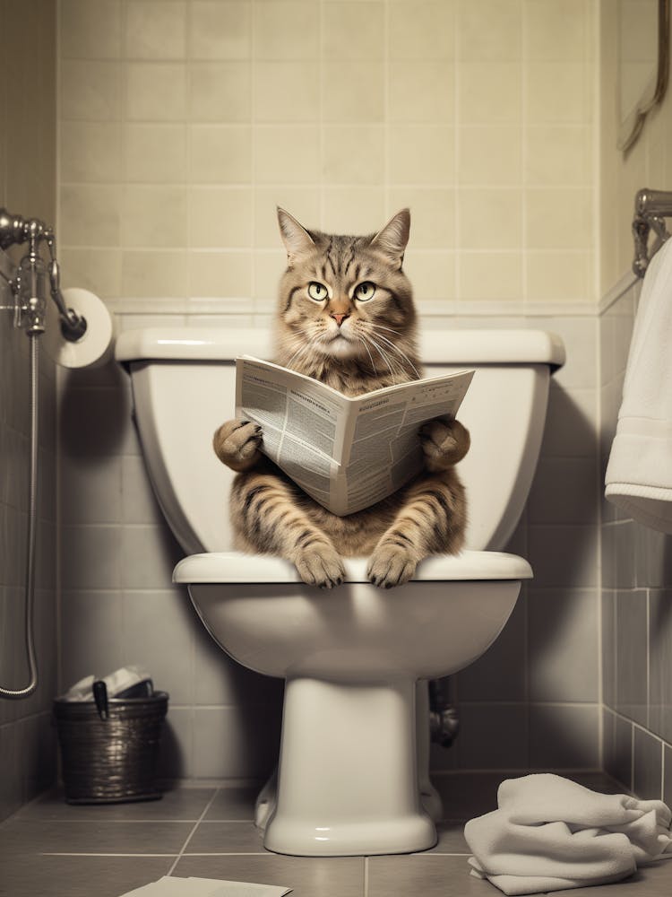 Cat Sat On The Toilet Reading A Newspaper Bathroom