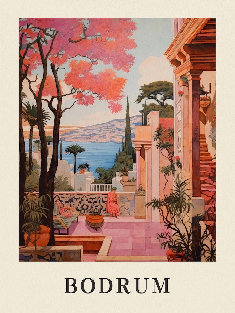Bodrum Turkey 2 Vintage Pink Travel Illustration Poster