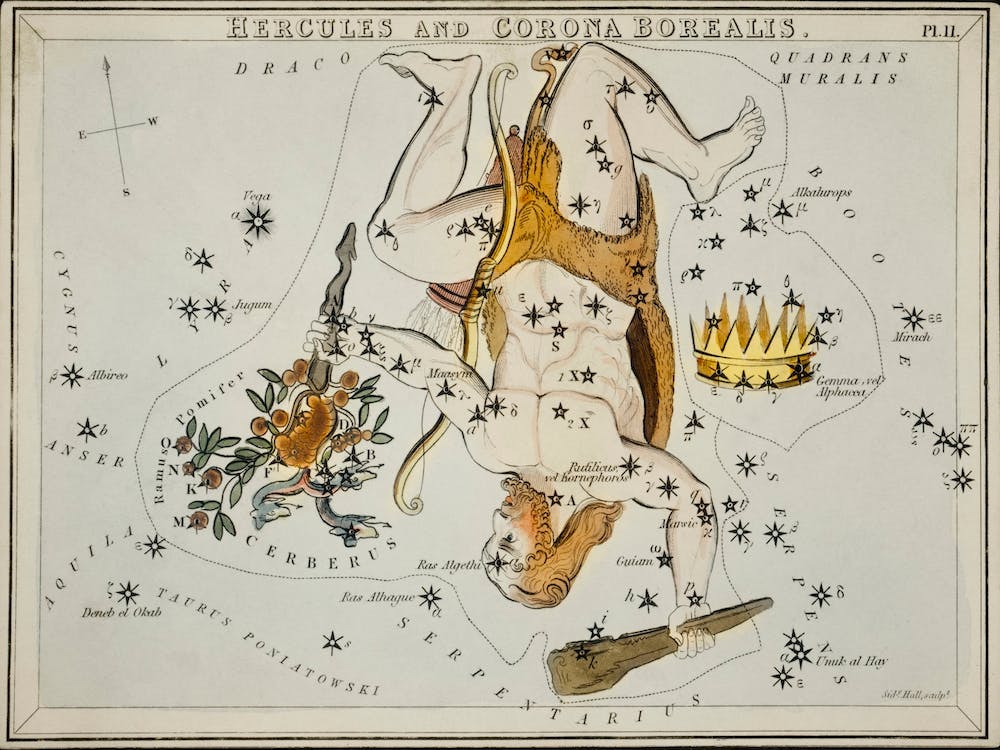Sidney Hall’s (1831), Astronomical Chart Illustration Of The Hercules And The Corona Borealis