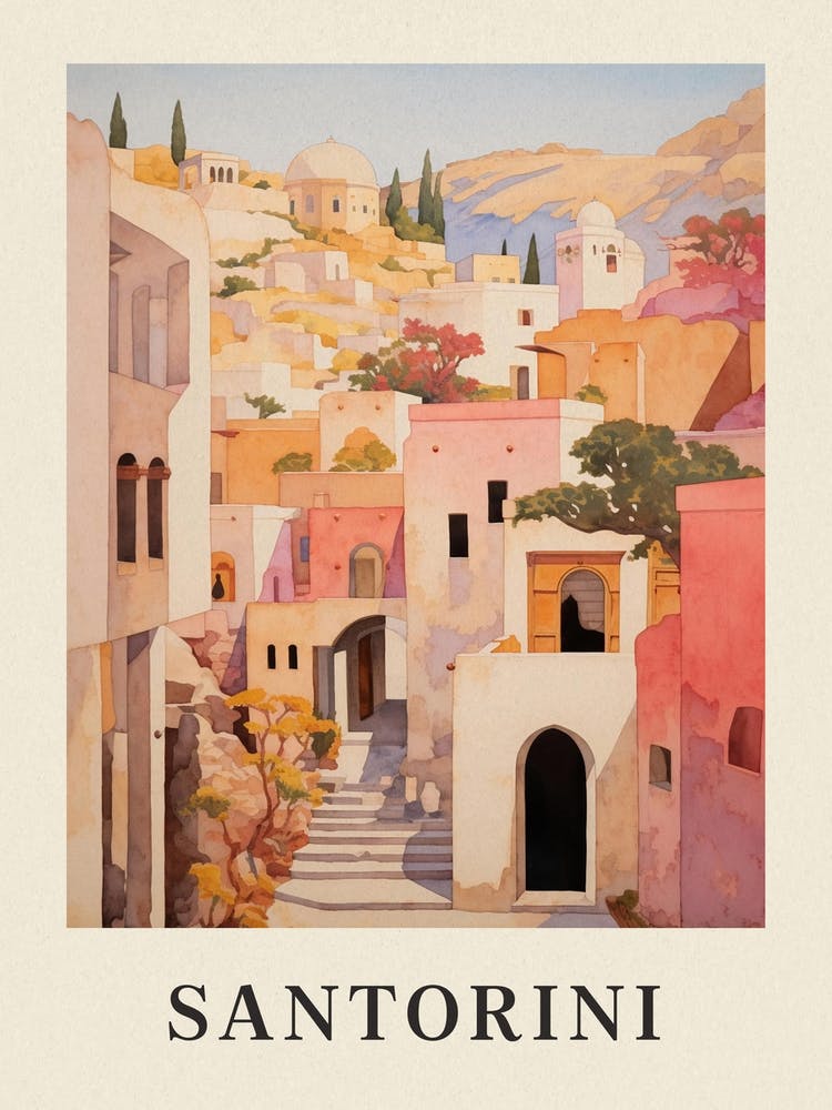 Santorini Greece 2 Vintage Pink Travel Illustration Poster