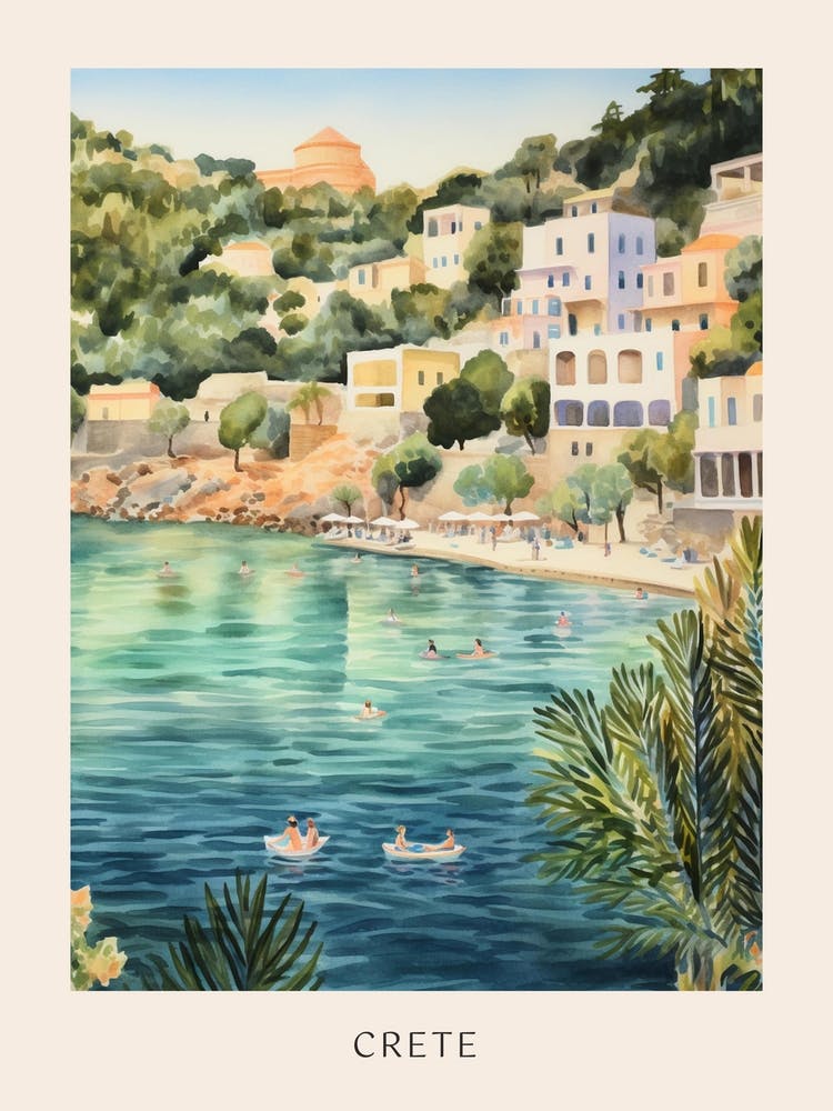 Swimming In Crete Greece Watercolour Poster