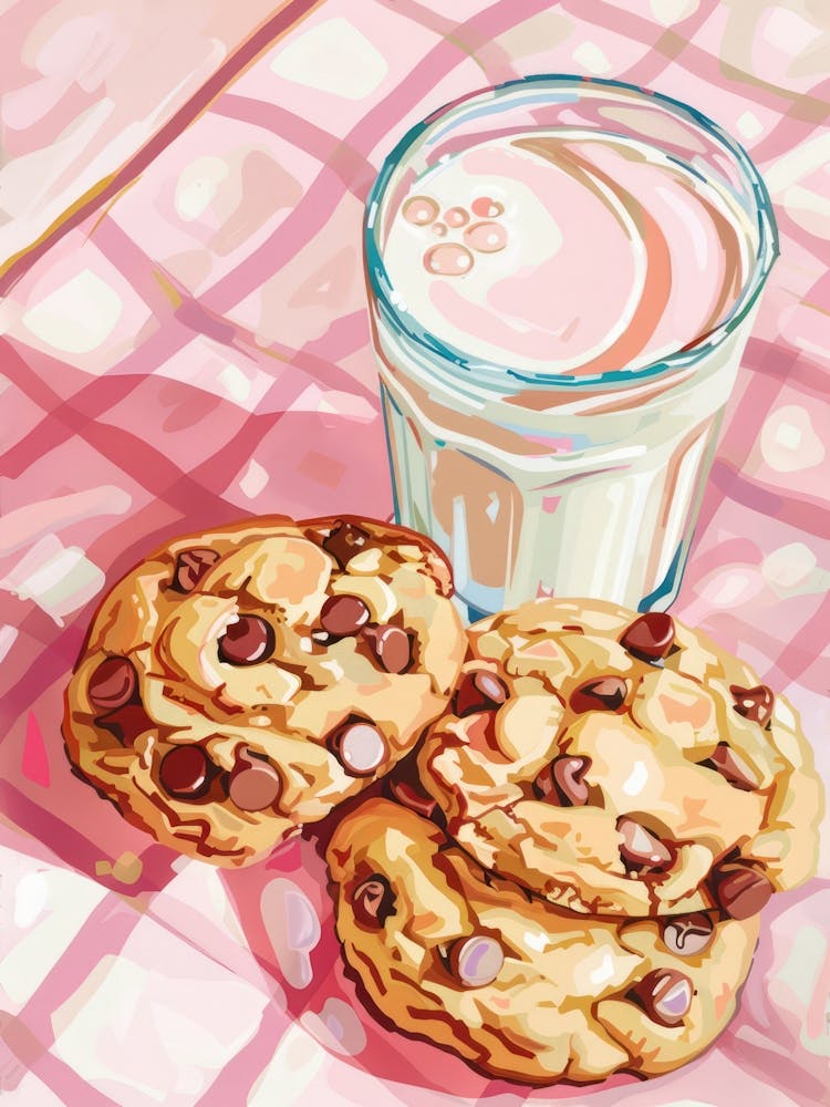 Rosa Frühstücksszene: Milch und Schokoladenkekse 1