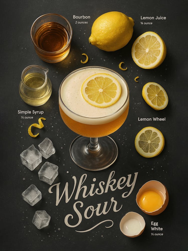 Whiskey Sour Poster – Bourbon Citrus Cream Cocktail: A smooth mix of bourbon, lemon, and creamy citrus – this whiskey sour poster is perfect for bar or restaurant decor. With bold typography and chilled vibes, it’s a must-have for lovers of classic cockta