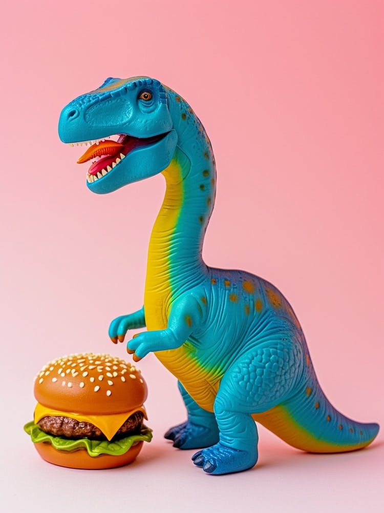 Colourful Toy Dinosaur Eating A Hamburger 2