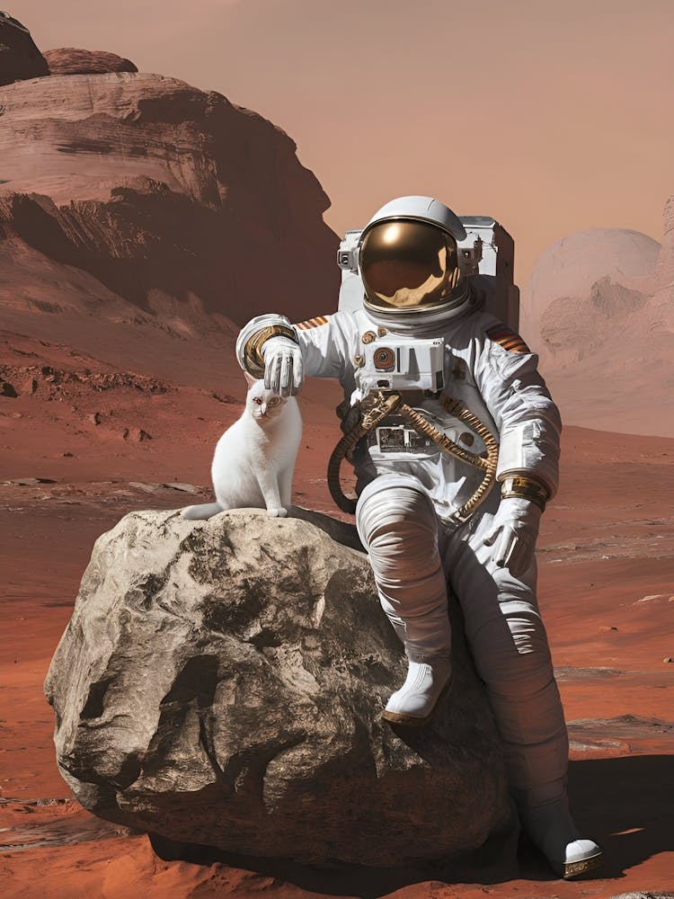 Astronaut And Cat On Mars