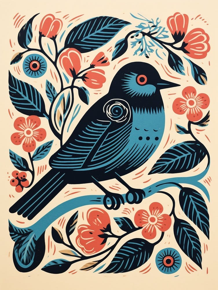 Vintage Bird Linocut Bluebird 1