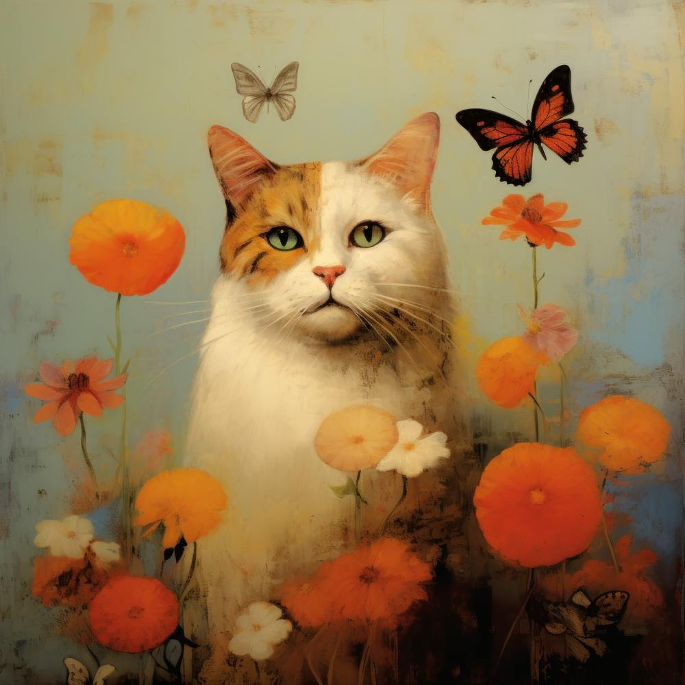 Cat & Butterflies in the Flowerbed