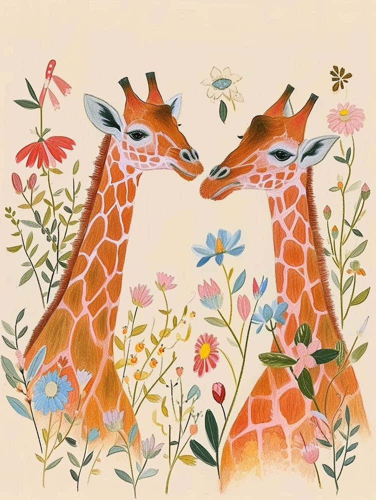 Folksy Floral Animal Drawing Giraffe 5