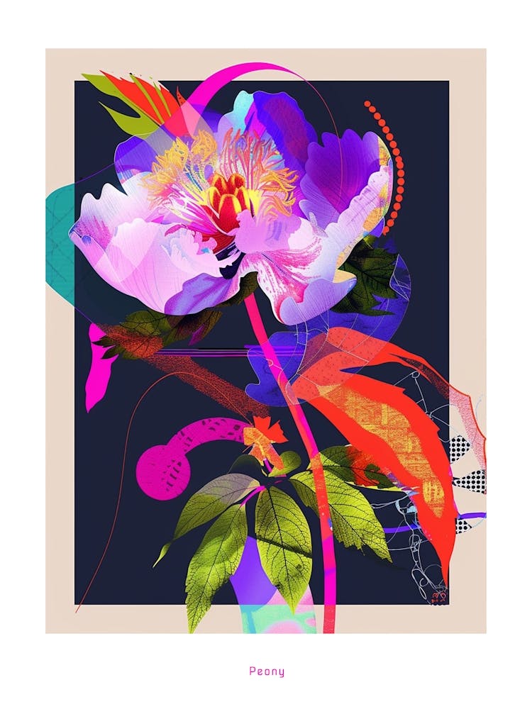 Peony 2 Neon Flower Collage Poster