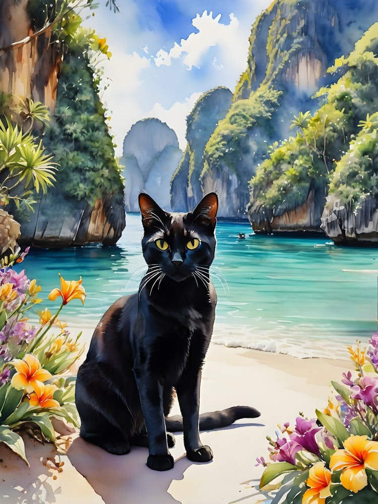 Black Cat in Maya Bay - Watercolour Black Cat Travels of Maya Bay Phi Phi Islands The Beach Thailand - Exotic Tropical Paradise Backpacker Landscape Scenery Pagan Witch Wicca Gallery Feature Wall Travelscape HD