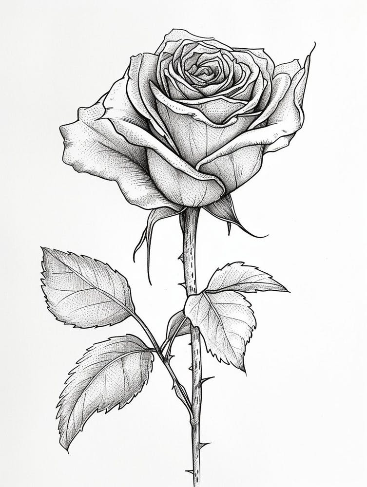 English Rose Black And White Line Drawing 4