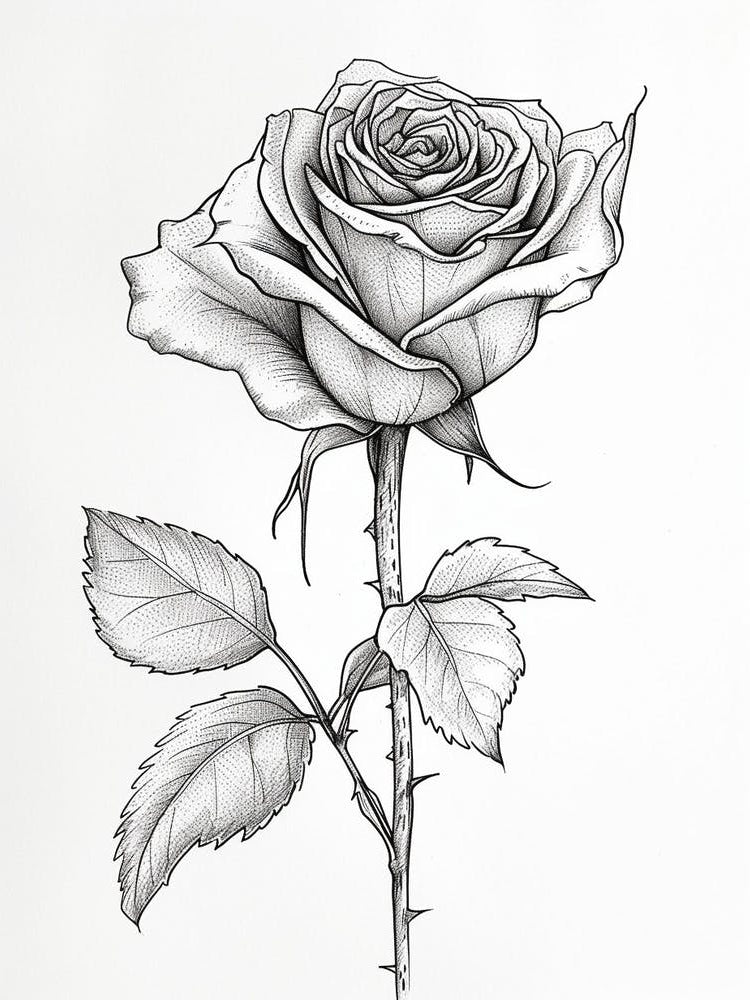 English Rose Black And White Line Drawing 4