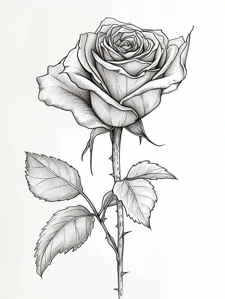 English Rose Black And White Line Drawing 4