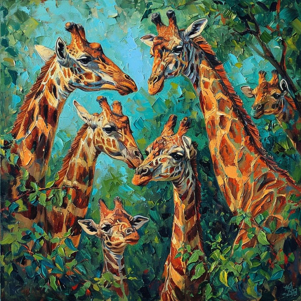 Herd Of Giraffe Portrait Brushstroke 2